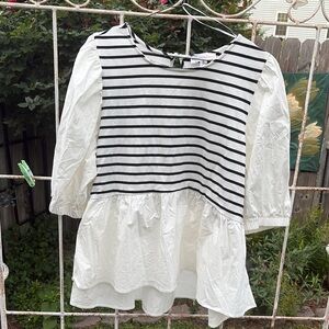 Black and White Puff Sleeve Sailor Collar Blouse